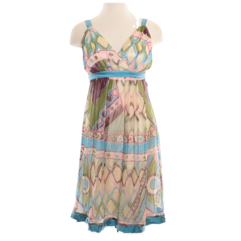 Vintage Sue Wong Sheer Silk Dress Fairy Abstract Blue Green Bustier Lined Sz 2